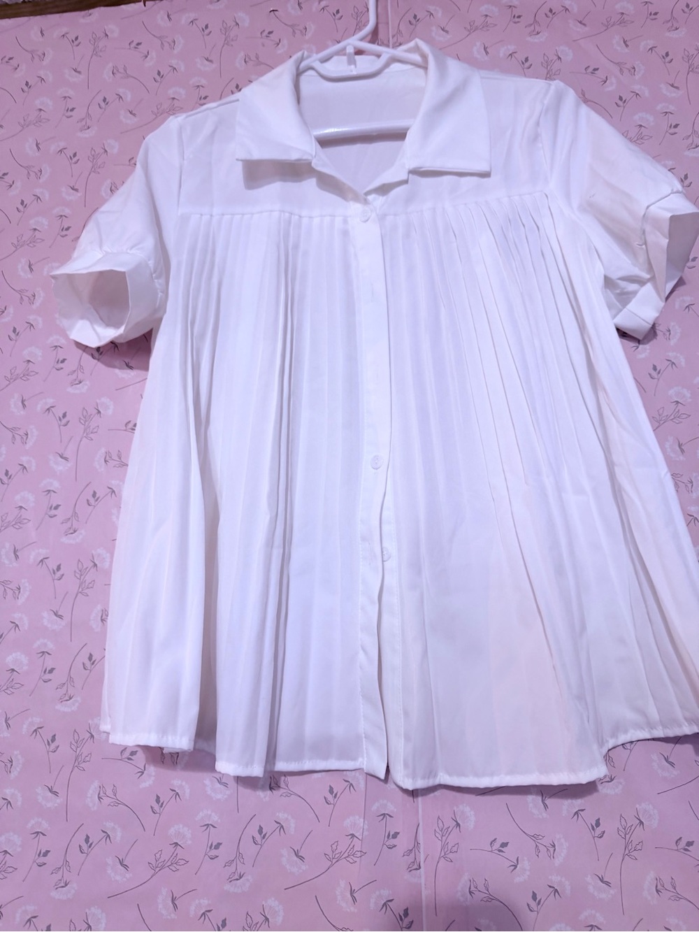 White Pleated Short-Sleeve Button-Front Blouse